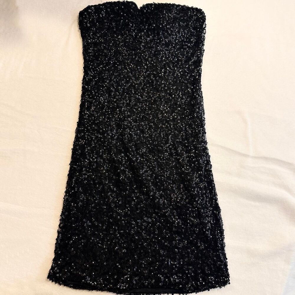 y2k sugar and spice black sequin strapless sweetheart babydoll mini dress